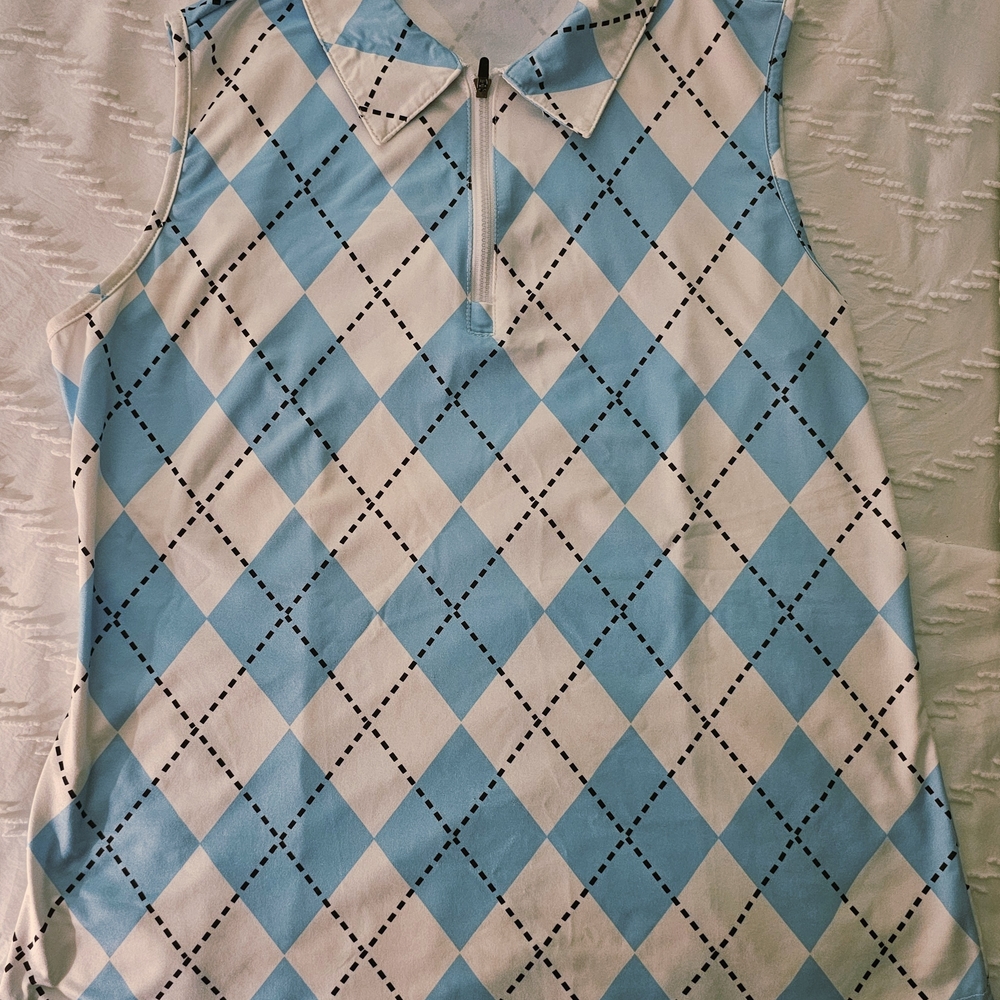 Women's Golf Shirt. Blue and White Argyle Sleeveless